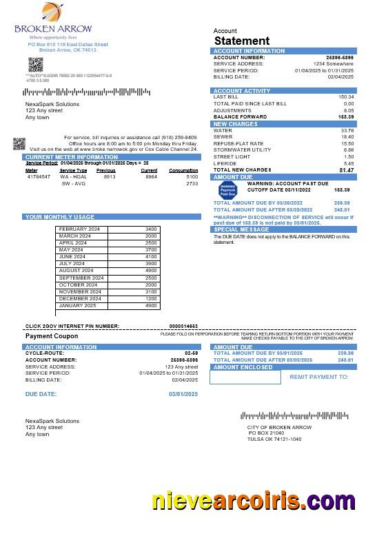 USA Oklahoma City of Broken Arrow business utility bill